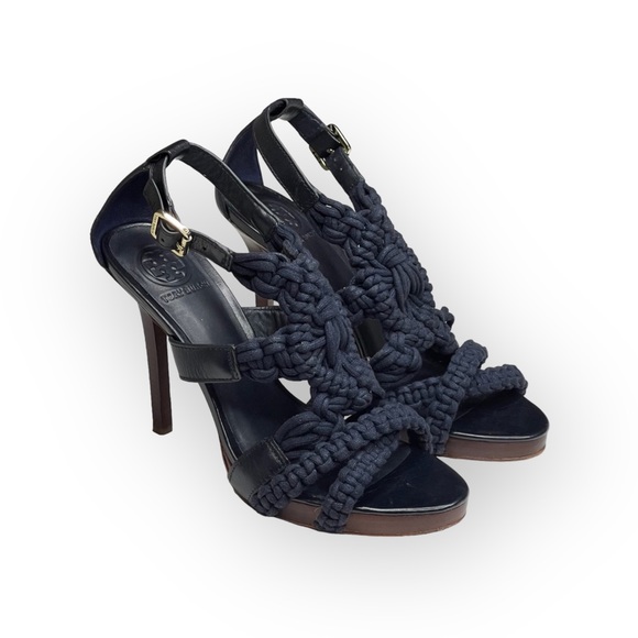 Tory Burch ✤ Fleur Nautical Rope Strappy Platform Stiletto Heel Sandals ✤ Navy 9 - Picture 9 of 16